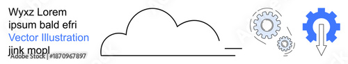 Cloud computing, data integration, software development, technology tools, innovation, process optimization. Cloud icon with gears and arrow tool. Cloud computing and data integration concept