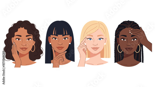 Diverse group of four women's faces showcasing varying skin tones, hairstyles, and gentle gestures, celebrating global beauty and individuality.