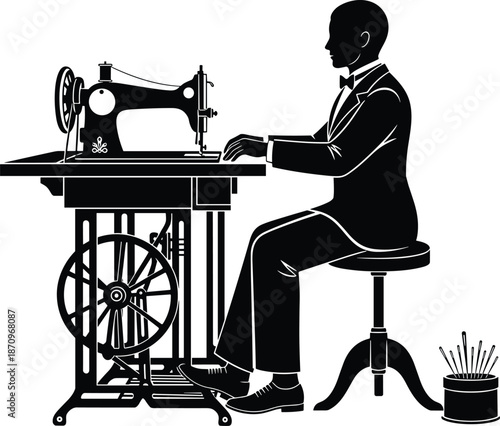 Silhouette tailor working on vintage sewing machine, classic craftsmanship concept, black white vector illustration for fashion, tailoring, and handmade clothing design