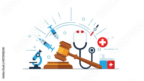 Dynamic composition featuring a gavel and stethoscope combined with syringes, a microscope, and other medical elements, symbolizing medical jurisprudence.