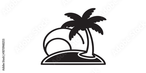 Island vector icon, palm tree and sun symbol, tropical beach concept, black outline and filled style, isolated on transparent background, minimalist vector design for UI, web, and print.