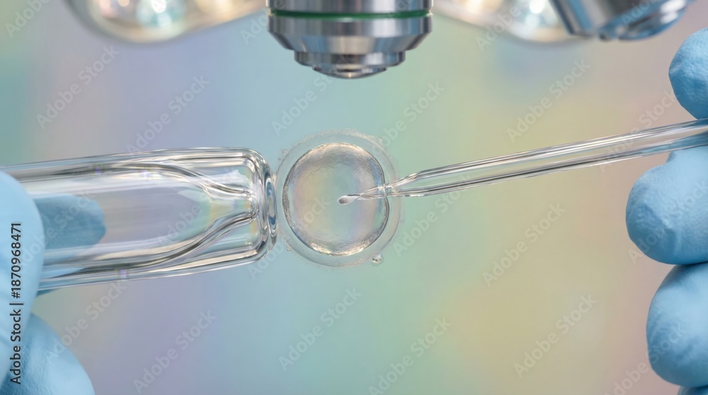 custom made wallpaper toronto digitalEmbryologist in medical gloves manipulating an egg cell and injecting a sperm cell using a micromanipulator and pipette under observation with a microscope, illustrating infertility treatment