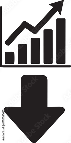 Black Silhouette Growth Chart with Downward Arrow – Minimalist Business Decline, Correction or Reversal Symbol Illustration