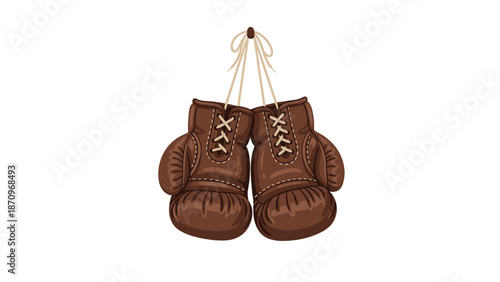 Classic pair of vintage brown leather boxing gloves, laced and tied together, symbolizing the sport of boxing, strength, and retro athleticism.