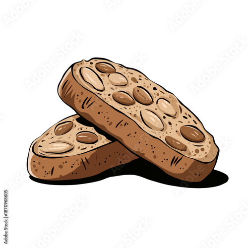 Two almond biscotti stacked isolated on white background, Vector, illustration