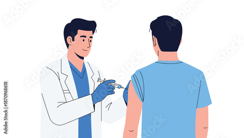 Smiling male doctor administering a vaccine injection into a patient's arm, signifying a positive approach to health and disease prevention.