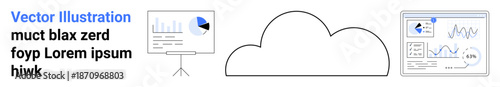 Cloud storage, data analysis, collaboration, technology solutions, business strategies, presentations. Cloud icon with charts and graphs for data visualization. Cloud storage and data analysis