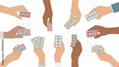 Diverse hands with varying skin tones are shown holding numerous blister packs of pills, illustrating global access to medication and shared healthcare responsibility.