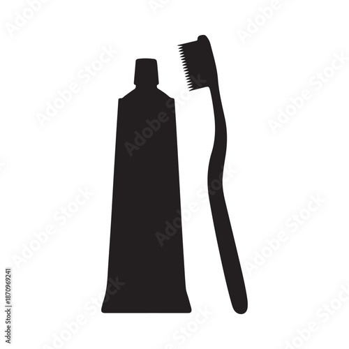 A simple black silhouette depicting a tube of toothpaste and a toothbrush side by side