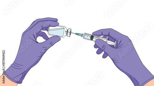 Gloved hands meticulously prepare a medical syringe by carefully drawing liquid medication from a vial, ensuring precise dosage for treatment or vaccination.