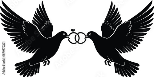 Two flying doves holding wedding rings, romantic black silhouette vector illustration, love marriage symbol, symmetry design, isolated on white background