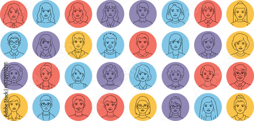 Diverse illustrated avatars, multicultural portraits, colorful profile icons, inclusive character design, minimal line art, social media user diversity, demographic representation, vector headshots