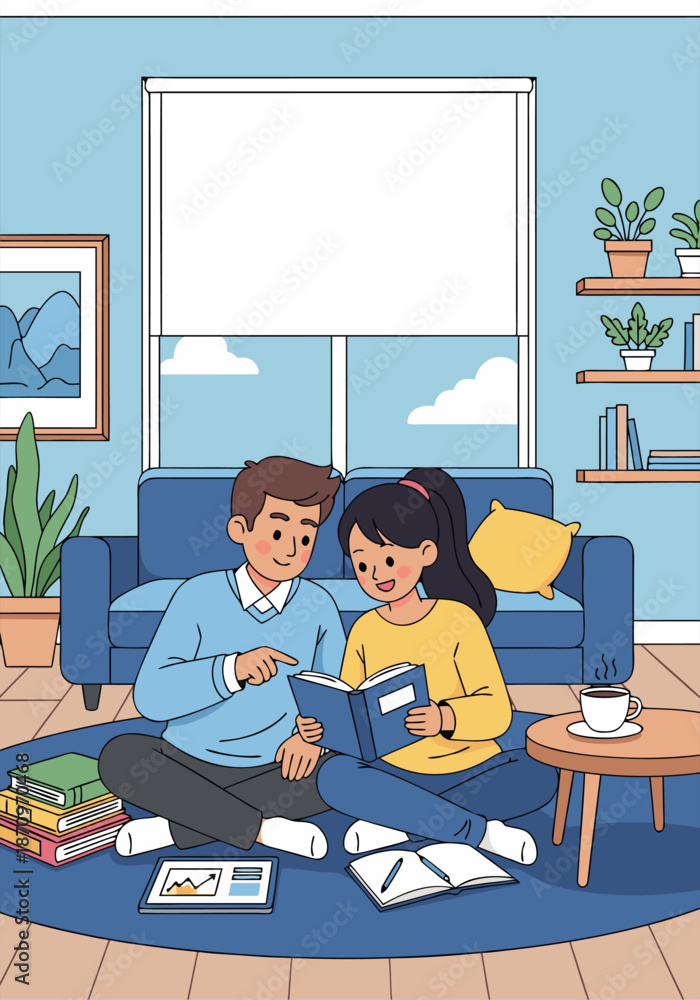 Fototapeta premium Couple Reading Books Together at Home Illustration