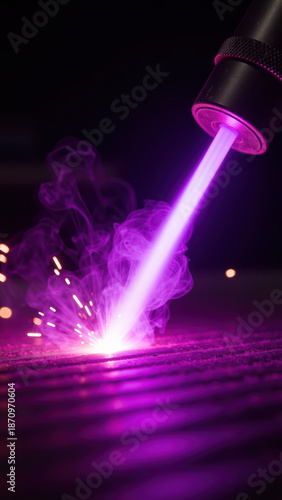 Wallpaper Mural Laser beam emits purple light, creating sparks and smoke in dark environment, showcasing high tech precision and energy Torontodigital.ca