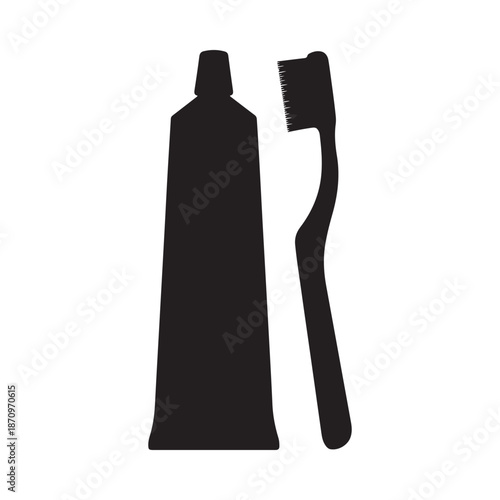 A simple black silhouette depicting a tube of toothpaste and a toothbrush standing upright