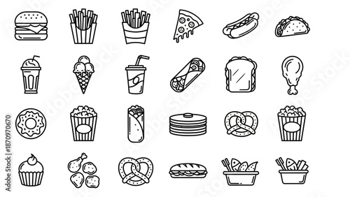 Collection of Food Icons in Black and White.