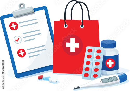 Emergency Medical Supplies: A set of medical essentials, including a first aid kit, prescription pills, thermometer and other supplies, are arranged with attention to detail.