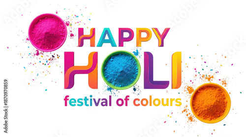 Happy holi indian festival colorful text art with pink, blue and orange round shapes on top and bottom sides of the text white background cutout