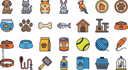 Colorful Flat Design Pet Animals and Pet Care Supplies Vector Icons Set