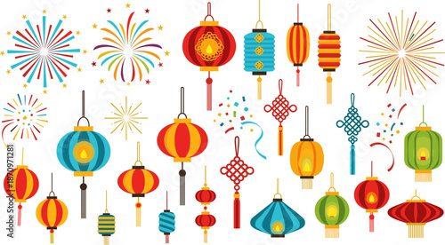 Chinese lantern and fireworks illustration, festive celebration icons, colorful confetti and streamers, traditional holiday vector, cultural festival design, joyful New Year elements