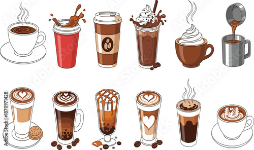 Coffee drinks, latte art, iced coffee, cappuccino, bubble tea, caramel drizzle, vector illustration, cute style, white background, beverage collection, café menu