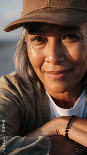 Wallpaper Mural Close-up of a smiling woman wearing a cap outdoors during sunset. Torontodigital.ca