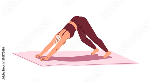 Athlete does yoga workout and stretches. Girl practices downward facing dog pose. Young woman in sportswear does sports exercises while training. Flat isolated vector illustration on white background.