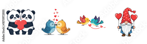 Cute animal and gnome love illustrations with hearts and birds