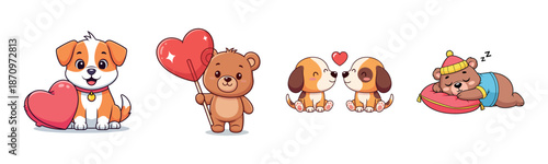 Cute cartoon animals with hearts and sleeping bear in winter hat