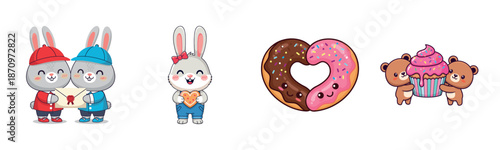 Cute cartoon animals with donuts and cupcakes