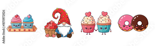 Cute cartoon desserts and gnome: cupcakes, donuts, and love-themed art