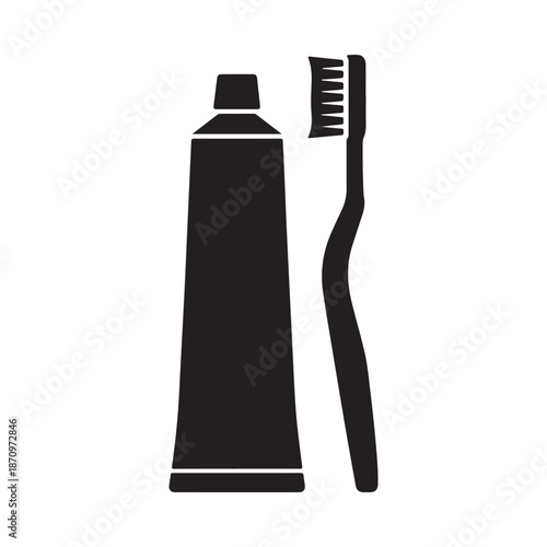 Simple black and white illustration depicting a tube of toothpaste and a toothbrush side by side