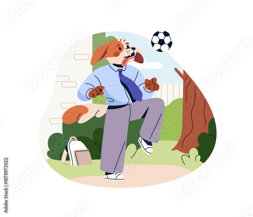 Cute anthropomorphic dog plays football. Funny puppy has fun with soccer ball on playground. Animal in school uniform does sport on PE lessons. Flat isolated vector illustration on white background.