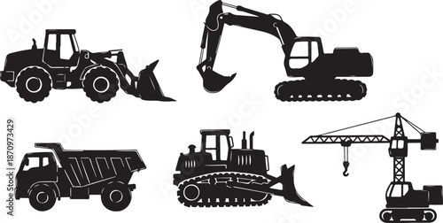 Construction vehicles and equipment silhouettes in black color