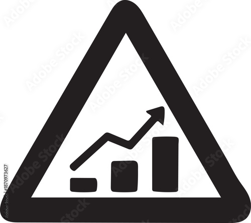 Black Silhouette Caution Growth Chart in Triangle Warning Sign – Minimalist Risk, Volatility and Market Alert Symbol Illustration
