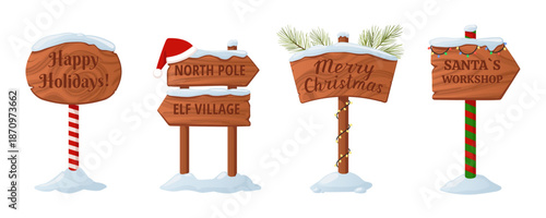 Wooden Christmas signs for Santa and elf village Flat vector illustration