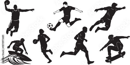 Silhouettes of athletes in various sports actions