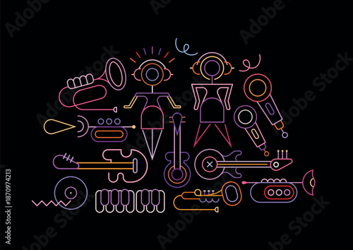 Neon colors isolated on a black background Music Party Night vector line art design. Dancing people and different musical instruments.