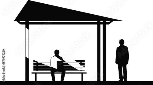 Black and white bus stop shelter silhouette vector illustration, people waiting at public transport station, minimal urban commuting concept design