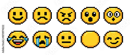 Set of ten pixel art emojis displaying various emotions and expressions