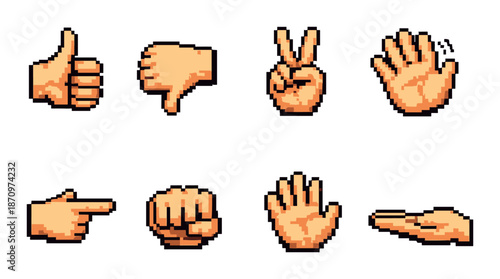 Pixel art hand gestures collection with thumbs up, peace sign, pointing, fist, and open hand