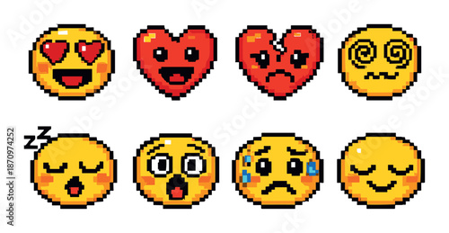 Colorful pixel art emojis displaying various expressions on gray background
