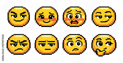 Pixel art emoji faces displaying varied emotions and expressions