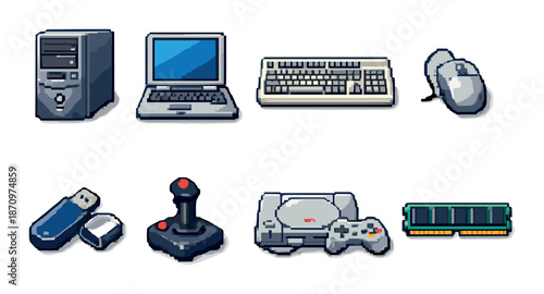 Retro gaming and computing icons: pc, laptop, keyboard, mouse, usb, joystick, console, ram