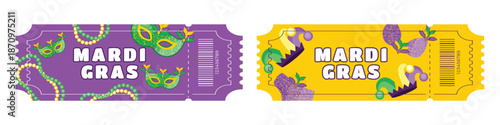 Mardi Gras Festival Ticket Set with Masks, Beads, Costumes, Feathers and Jester Hat