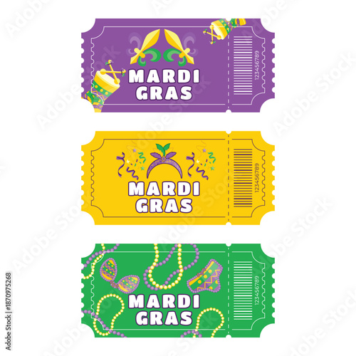Mardi Gras Festival Ticket Set with Beads, Drums, Costumes, Jester Symbol, Confetti and Feathers