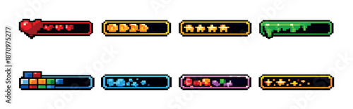 Colorful pixel art game progress bars with heart, coins, and stars