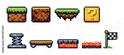 Pixel art video game icons: platforms, question block, and finish flag