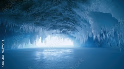 Sparkling icicles dangling from azure cave ceiling, revealing intricate crystalline formations above frozen lake surface with stunning natural beauty