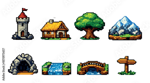 Pixel art icons: castle, cottage, tree, mountain, cave, waterfall, bridge, signpost